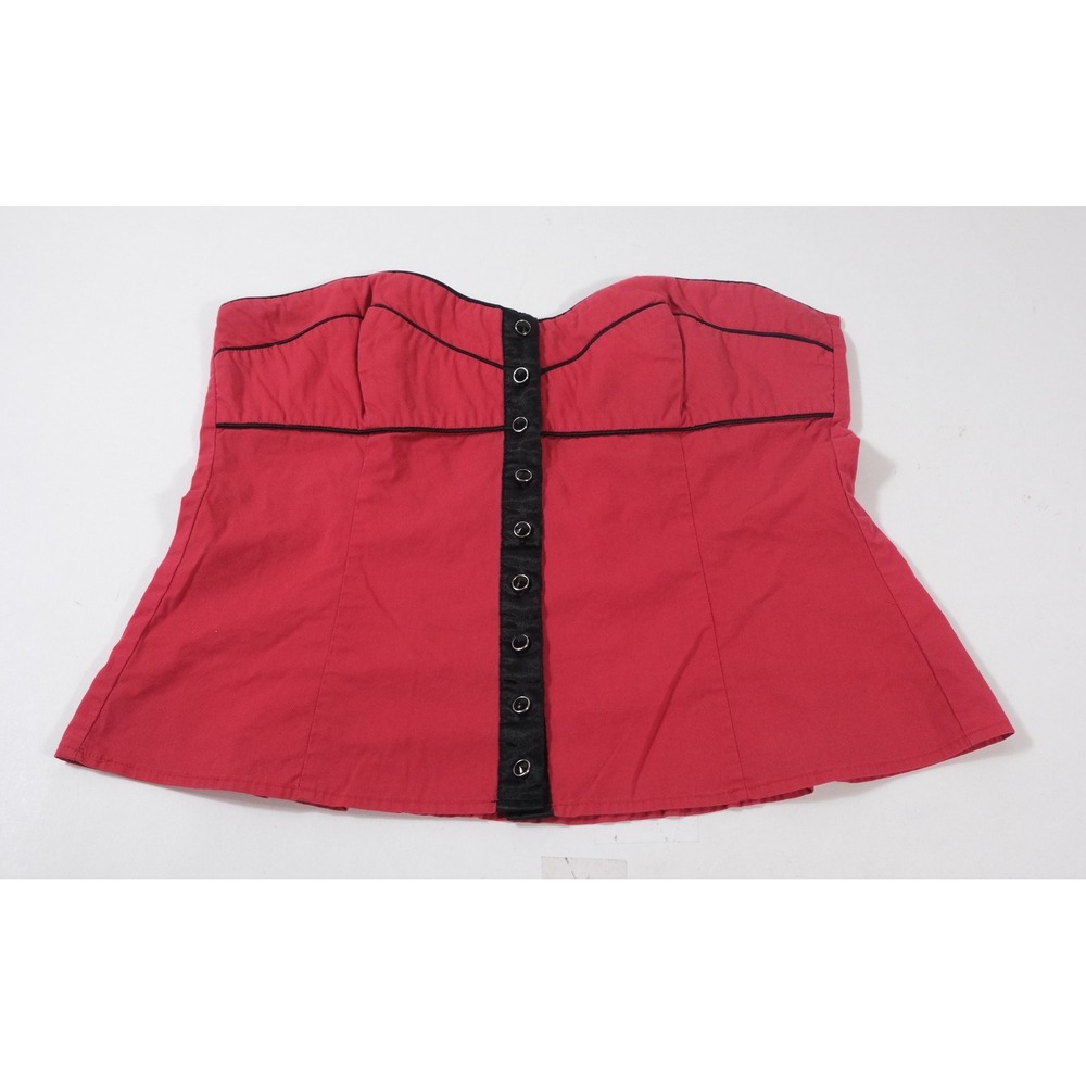 2b Bebe Corset Top Womens L Red Strapless Button Front Smocked Peplum